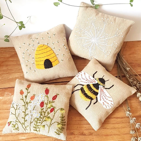 Linen & Lavender Sachets or Pin Cushion Embroidery Kit - Bees