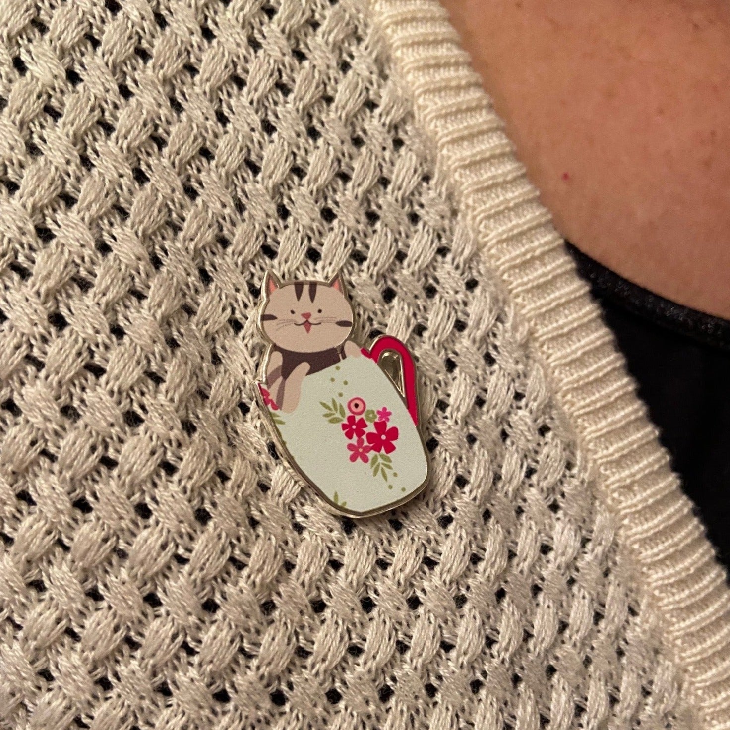 A Cup of Kitty Magnetic Needle Minder (doubles as a pin!) - Jacquelynne Steves